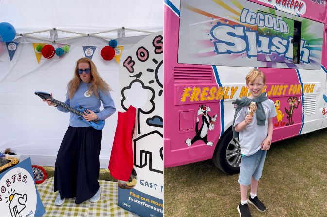 Fun at Shipley Park during fostering event. Boy eating ice cream, team member having fun with a guitar