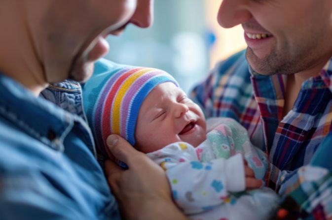 Two males holding a child in a rainbow hat